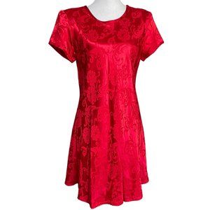 Rose Brocade Satin Dress 12P Petite 12 Floral Red Jacquard Short Sleeve Mini